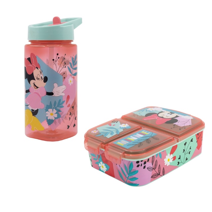 Set sticla apa 510 ml si cutie sanwich multicompartimente, Homio, Plastic fara BPA, Minnie Mouse