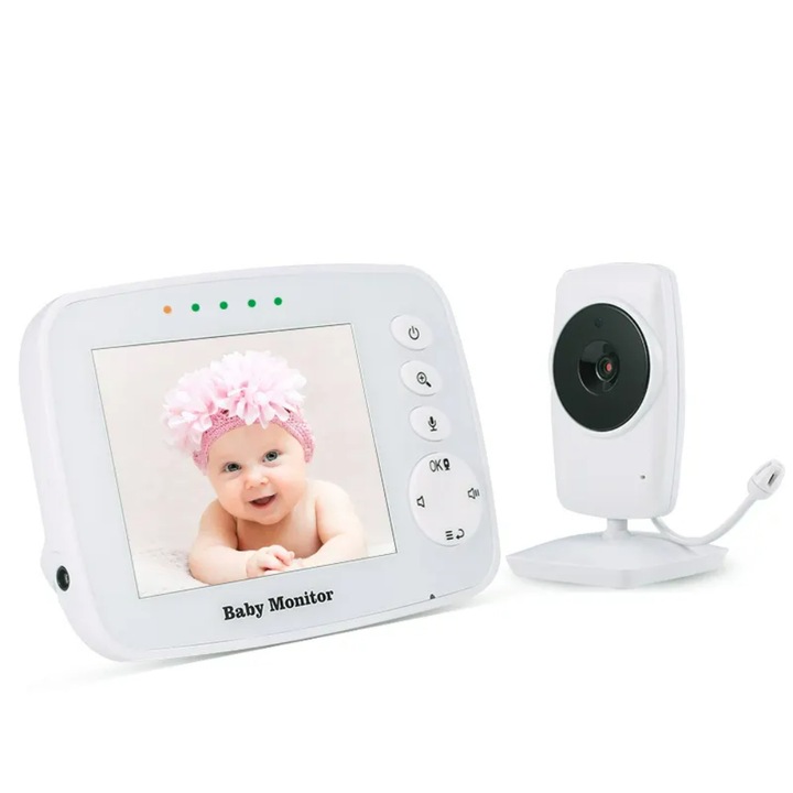 Baby Monitor pentru bebelusi, Sistem Monitorizare Video si Audio Wireless, Raza 300 m, Ecran de 3, 2 inch cu dublu microfon, monitorizare temperatura, Rotire, Cantece Leagan, Mod ECO si Vedere Nocturna, Alb