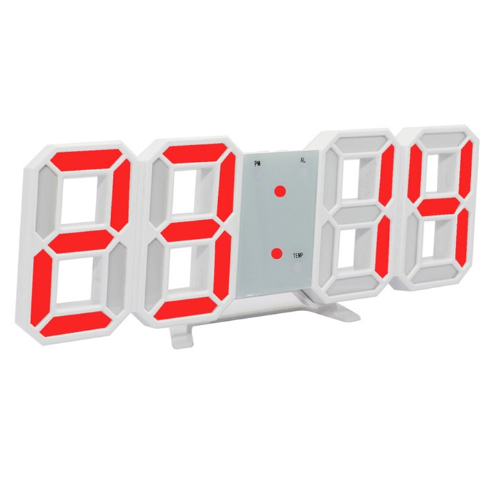 Ceas digital de birou 3D, iluminat LED, afisaj rosu, afisaj mare, alarma, temperatura, 23x8x1.8 cm