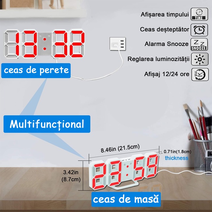 Ceas digital de birou 3D, iluminat LED, afisaj rosu, afisaj mare, alarma, temperatura, 23x8x1.8 cm