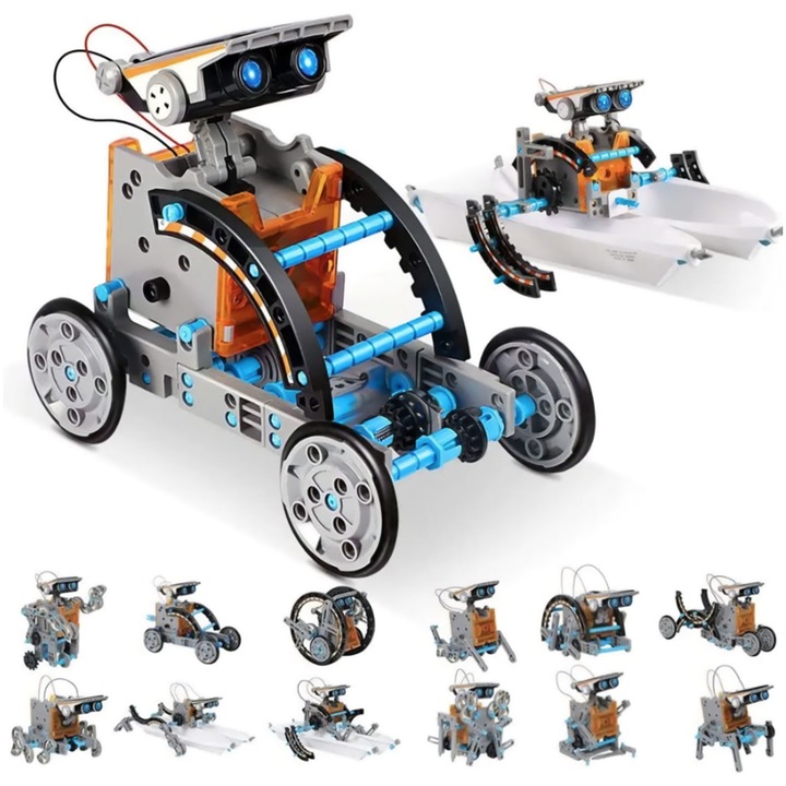 Set de Creatie Educational Robot Energetic 13in1 idealSTORE, Include Panou Solar, Posibilitatea de a construii pana la 13 variante, Usor de asamblat, Deplasare pe Uscat sau pe Apa, Fabricat din plastic ABS, Dezvolta Creativitatea si Intelectuala Generala