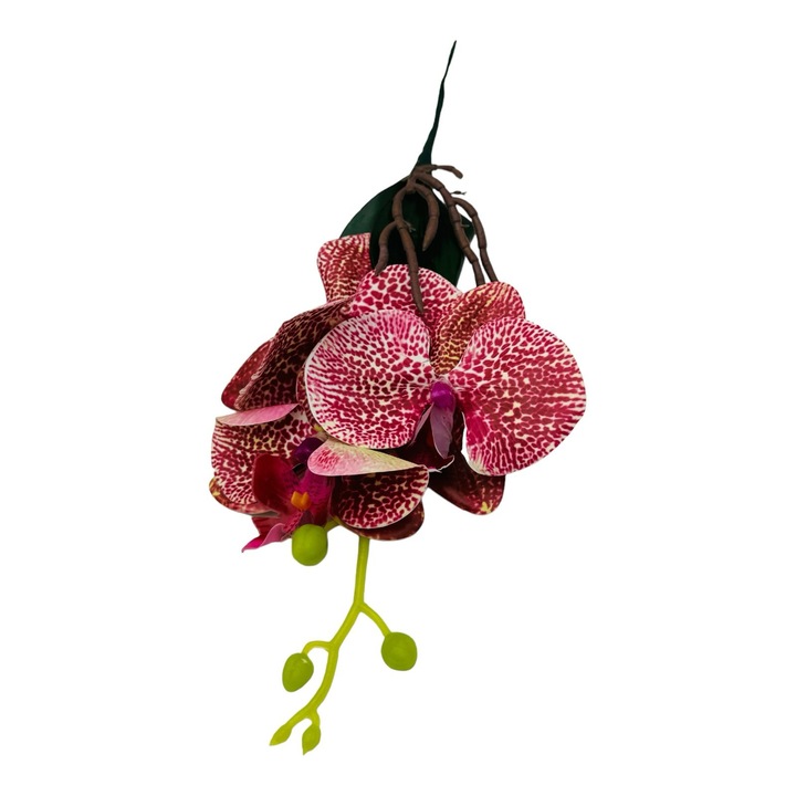 Orhidee Decorativa Artificiala, 3 flori +boboci pe fir, 36cm, Alb Tigrat