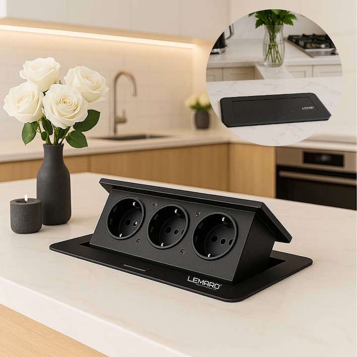 Lemaro® konyhai munkalap, asztali vagy irodai aljzat, 3 Schuko aljzat, süllyesztett, fekete
