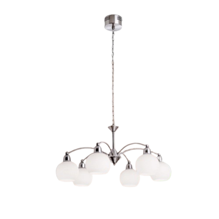 Пендел LU 1721/6 САТЕН 6 рамена LED 6x4W 2100Lm 3000k с верижка от сатениран хром и малък бял глобус стъклен абажур 31-130см ORION