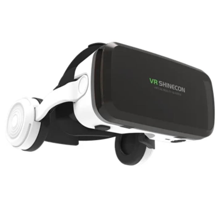 Ochelari VR 3D cu casti, Bluetooth, Lentila asferica din rasina, Realitate Virtuala pentru filme 3D, Jocuri video, Compatibil iPhone si Android, Telefon 4, 5 - 6, 7, Alb