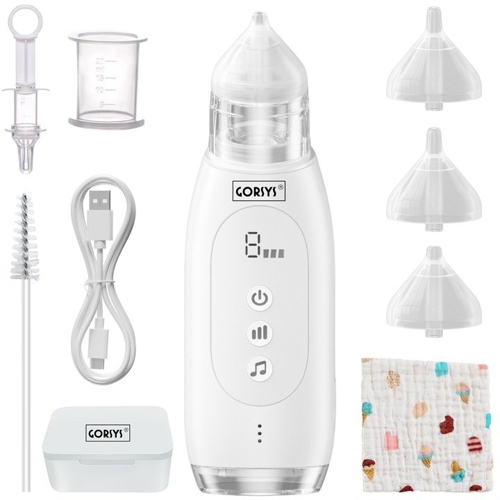 Aspirator Nazal Electric Gorsys® pentru Bebelusi si Copii, Functie Autocuratare, Muzica si Lumina, 3 Trepte de Aspirare, Portabil, 3x Capete de Silicon, Perie Curatare, Penseta, Cutie Depozitare, Seringa si Muselina incluse