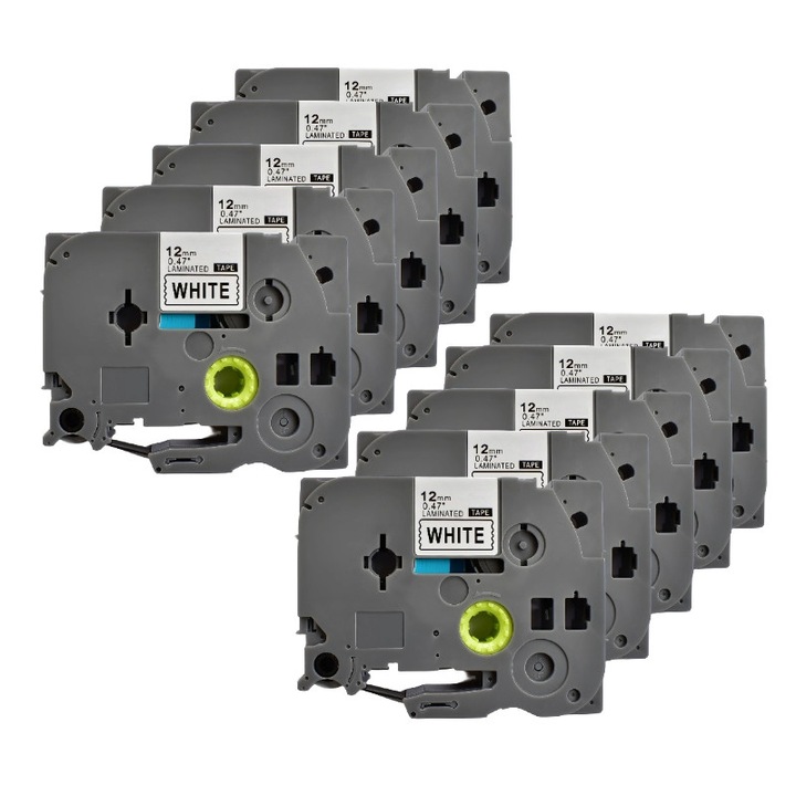 Pachet 10 bucati banda etichete laminate compatibila Brother TZe-231 12 mm culoare negru/alb