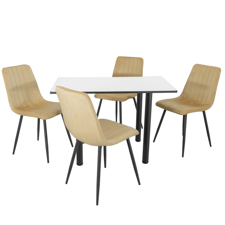Set masa cu 4 scaune Kobe bej, DENVER, blat pal alb, cant abs negru, forma dreptunghiulara, 110x65x73 cm