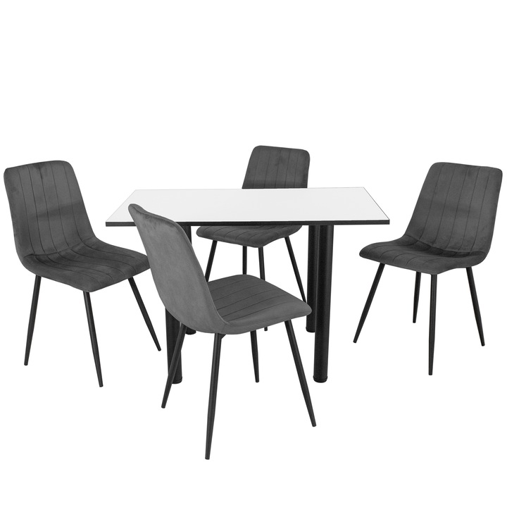 Set masa cu 4 scaune Kobe gri, DENVER, blat pal alb, cant abs negru, forma dreptunghiulara, 110x65x73 cm