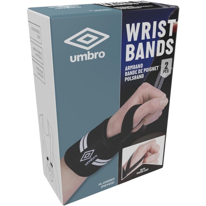 Set 2 bratari elastice pentru incheietura, Umbro, Elastan, Negru