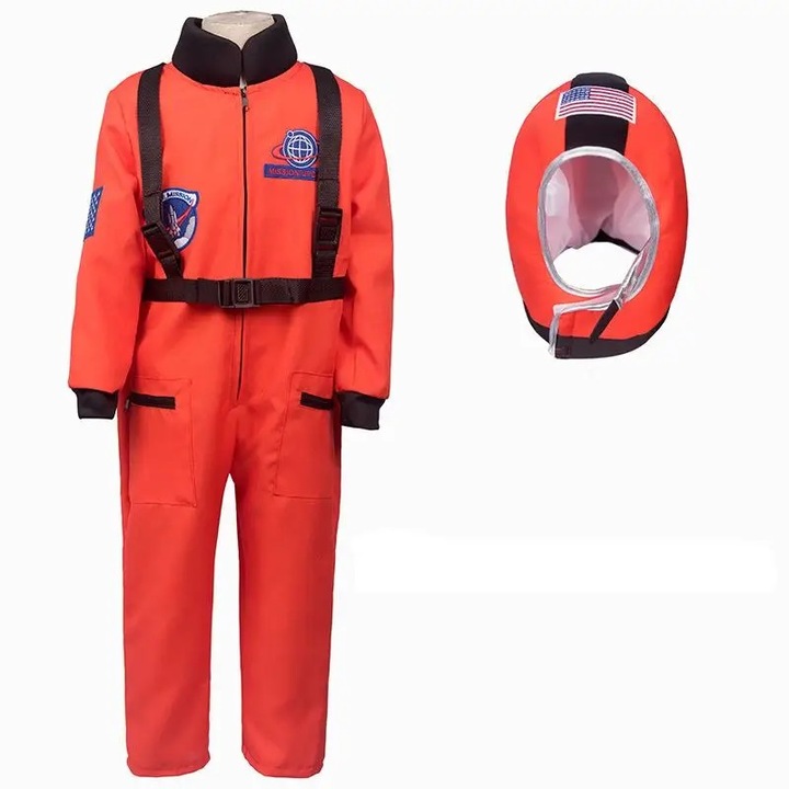 Costum carnaval copii Astronaut combinezon si casca, portocaliu, 7-8 ani