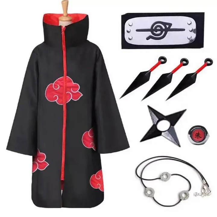 Costum Cosplay Anime Naruto Sasuke Uchiha, cu accesorii, negru, 11-12 ani