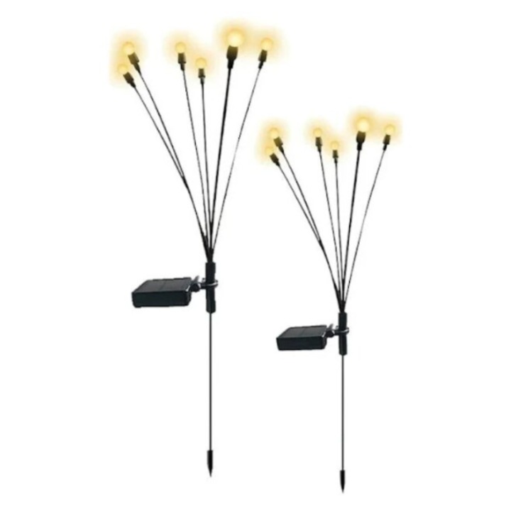Set 2x Lampi solare LED Alb Cald, 6 bulbi, decoratiune gradina​, Efect de lumina licurici, BZRSH