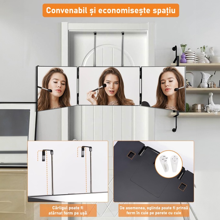 Oglinda 360°, NextWave™, Potrivita pentru machiaj, aranjare, coafare, barbierit, ingrijire, Sistem agatare, Inaltime reglabila, Pliabila, Portabila, Negru