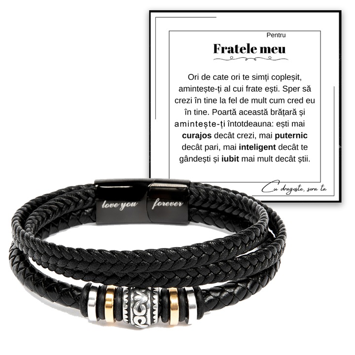 Подаръчен комплект за Brother JOYSTOS 3-редова гривна от еко кожа, гравирана с текст „Обичам те завинаги“ и фото картичка с послание за брат „За моя брат. С любов, твоята сестра“