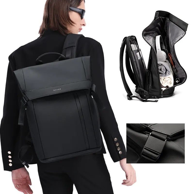 Rucsac laptop 15.6", smart casual, design pelerin unisex, impermeabil, BANGE, 44x30x17 cm, Negru