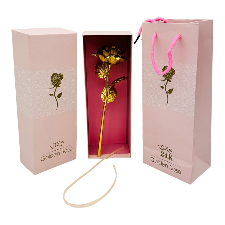 Trandafir Auriu in cutie deosebita si punga de cadou, Golden Rose 24k, 27×10×6.5cm