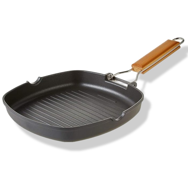 Tigaie grill S Cook Line invelis antiaderent pentru gratar cu maner pliabil, aluminiu, 24X24 cm, negru