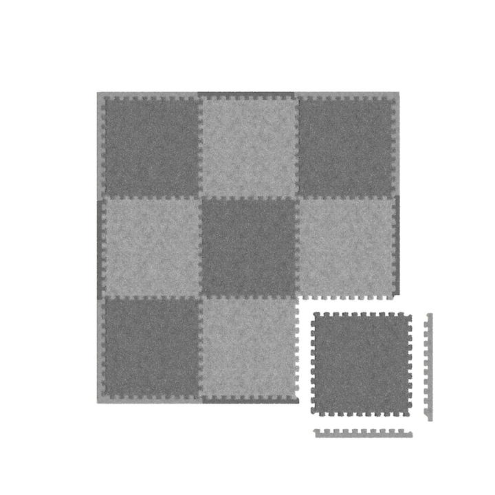Дунапренов килим за деца, тип пъзел, Tulano Gioco 45, 91 x 91 см, 21 части, материал с къс косъм, тъмносив/светлосив