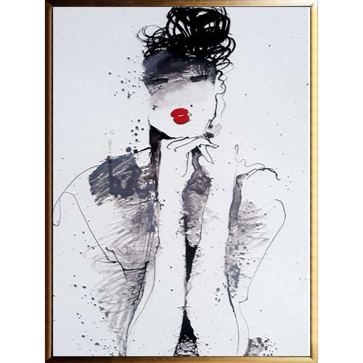 Tablou pictat manual in ulei pe panza, pictura in cutit, 70x50cm, Alb Negru Rosu, Portret abstract, Silueta femeie cu buze rosii