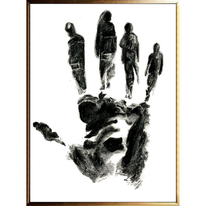 Tablou pictat manual ulei pe panza, Pictura abstracta maini, cronica celor 5, 70x50cm, Alb Negru