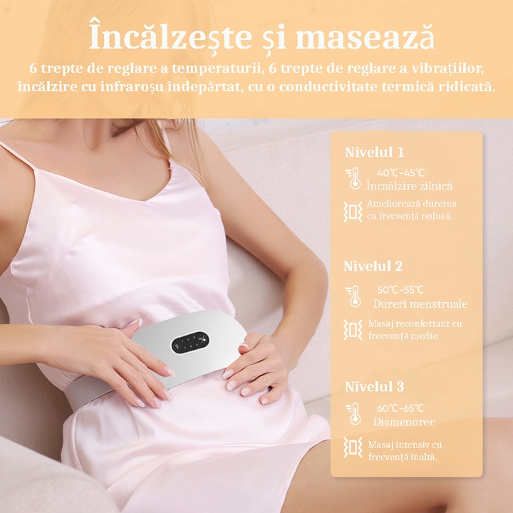 Aparat Centura Abdominala cu Incalzire si Masaj Hopinoo™️, pentru Dureri Menstruale si Lombare, 6 Trepte de Incalzire, 6 Moduri de Masaj, Display LED, Baterie 1800 mAh, Cablu USB si Husa de protectie incluse, Alb