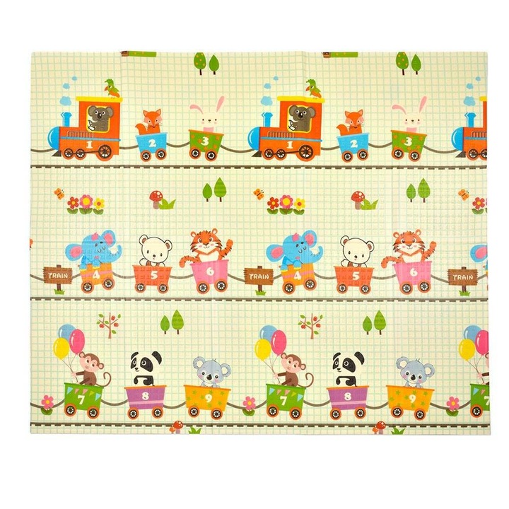 Hőszigetelő hab játékszőnyeg két oldallal 200 x 180 cm, összecsukható, Állatvonat – Zsiráfok