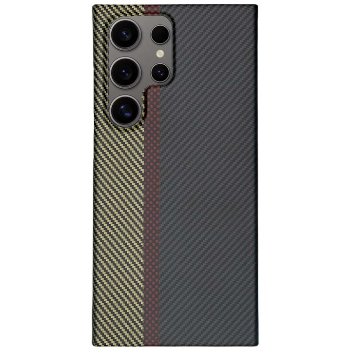 Калъф от карбон SILKASE за Samsung Galaxy S24 Ultra, арамиден кевлар, защита на камерата, черен/жълт