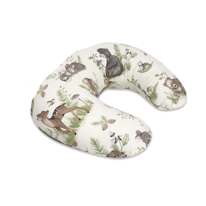 Perna pentru alaptat, MimiNu, Din bumbac certificat Oeko Tex Standard 100, Cu husa detasabila, Cu fermoar securizat, Circumferinta 155 cm, Design, Calm Forest Natural