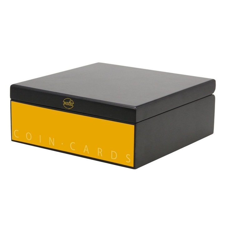 Fa doboz érméknek kártyákban, Széf Albumok, belül fekete bársonnyal bélelve, 24 rekesz