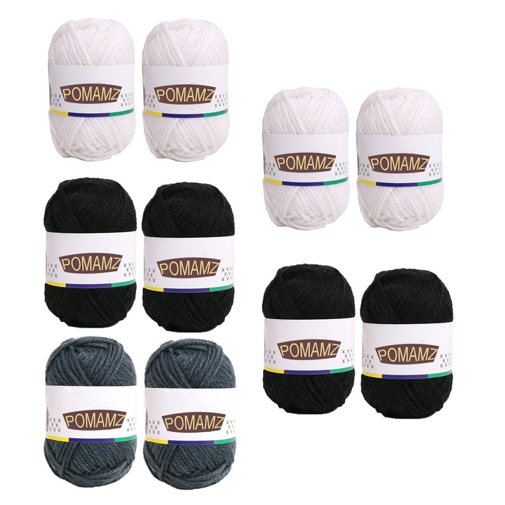 Horgoló és kötőfonal, POMAMZ, 100% akril, 4 szál, 25g X 10, Alkalmas babáknak és felnőtteknek, fekete/fehér/szürke