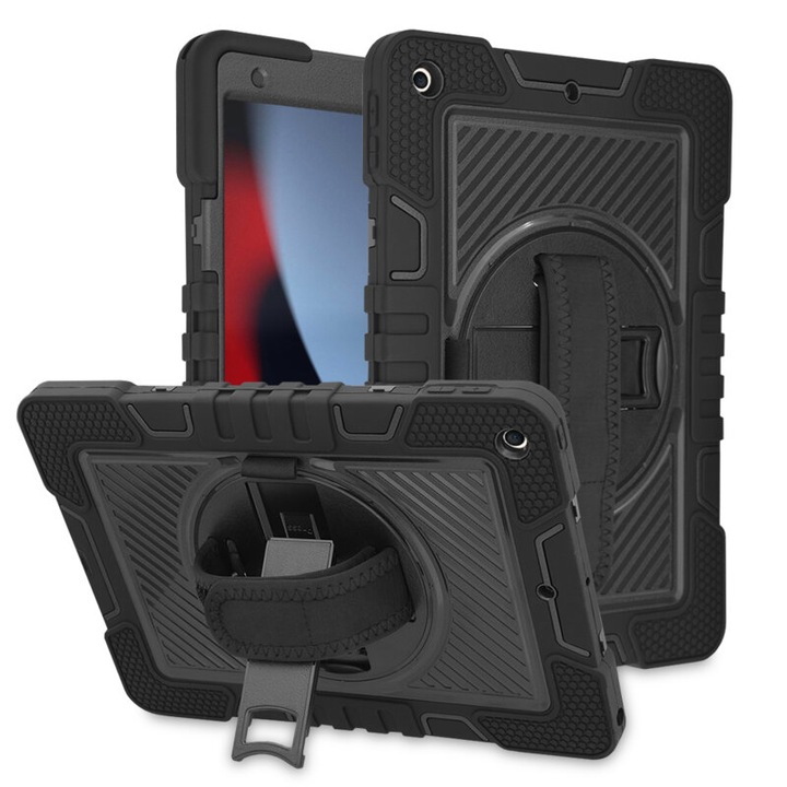 Защитен калъф за таблет, съвместим с Apple iPad 10.2" 2019/2020/2021, StripeShell 360, с регулируема презрамка, силикон, черен