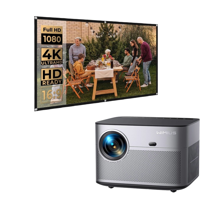Комплект Full HD 1080P WiFi Bluetooth видео проектор, 600 ANSI лумена 4K Поддържа WiFi-6 300-инчов LED домашно кино Wimius P64 и 120-инчов Ultra HD 16:9 прожекционен екран, 4K, с две страни, за вътрешно и външно домашно кино
