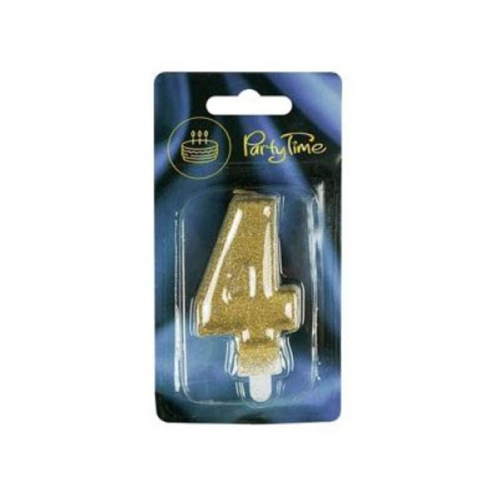 Lumanare tort cifra 4, PartyTime, 7.5cm, Auriu