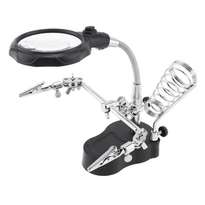 Asztali nagyító LED világítással, fogóval és állvánnyal forrasztott kalapácshoz