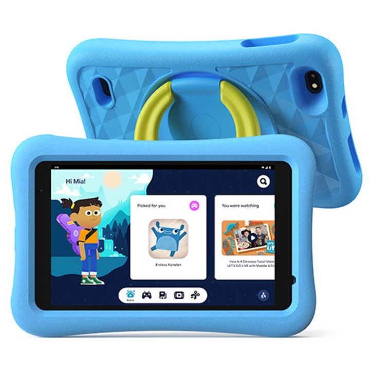 Tableta copii AOGO K8, ecran 8″ LCD, 32GB, 2GB RAM, WiFi, Android 13, control parental, jocuri si activitati educative, camera 5 MP, albastra