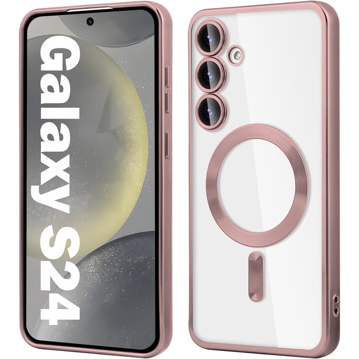 Husa pentru Samsung S24 Daden® Magsafe Luxury compatibil cu protectie camera, Ultra Protectie, Transparent cu margini roz