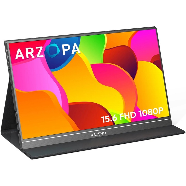 Преносим монитор LED IPS Arzopa S1 Table 15.6", Full HD (1920x1080), 60Hz, Mini HDMI, USB-C, Говорители 1W x2, Калъф, Съвместимост с конзоли, Черен
