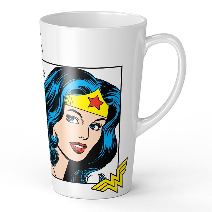 Cana pentru latte, Ert Group, 450 ml, Model Wonder Woman, Ceramica, Multicolor
