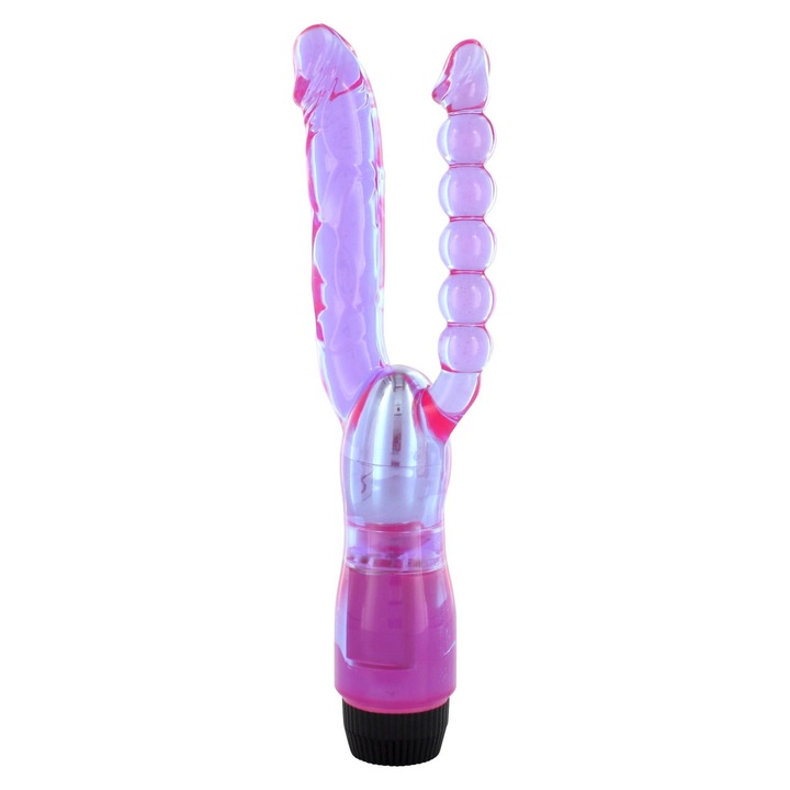 Vibrator dublu penetrare XCEL mov transparent, stimulare anala si vaginala, multiviteza
