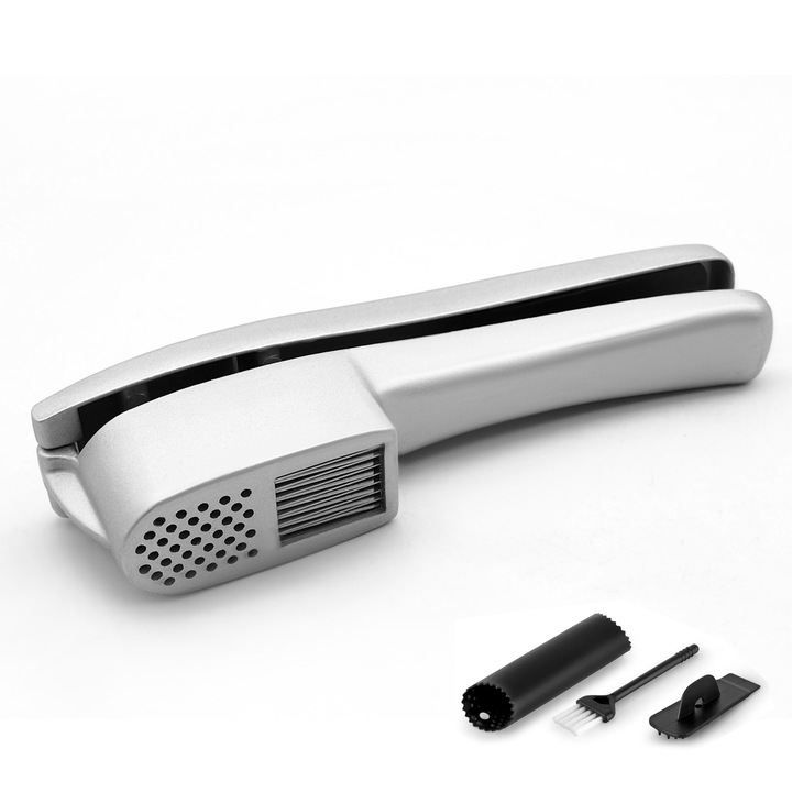Set Presa de usturoi 2 in 1, cu Curatator de usturoi si unelte de curatare, Inox, Aparat de feliat usturoi usor de stoars, Argint