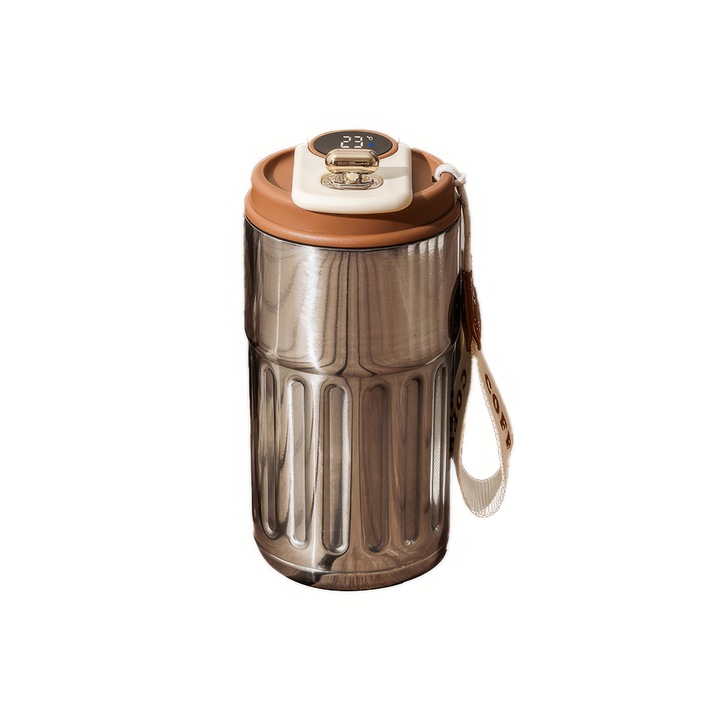 Termos pentru cafea cu afisare a temperaturii, Inox, 450 ml, Argintiu/Maro