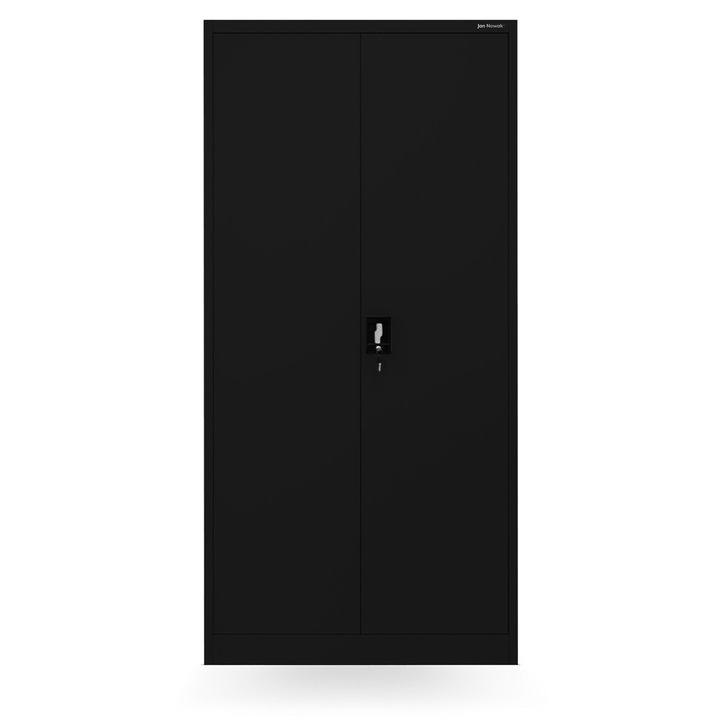 Dulap metalic cu rafturi si bara DAWID JAN NOWAK 90 x 185 x 45 cm culoare neagra ALL BLACK, dulap birou atelier haine scule documente, cu incuietoare 3 puncte