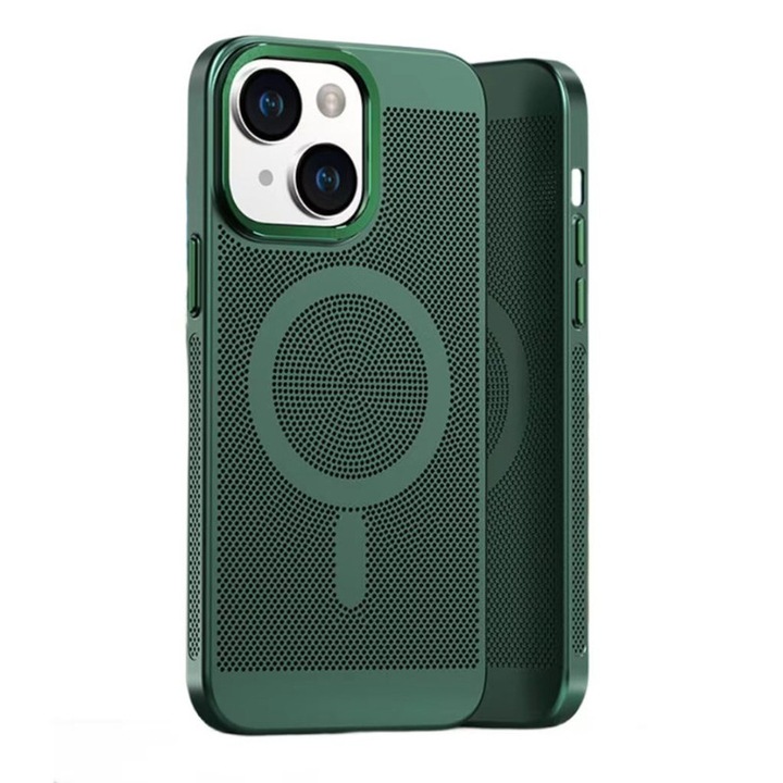 Husa de protectie Apple Case with MagSafe, DM, cu disipare a caldurii, pentru iPhone 15 Pro Max, Plastic/Metal, Verde