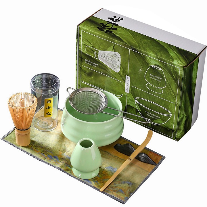 Set pentru ceai matcha, WALALLA, Otel inoxidabil/Bambus/Ceramica, 7 Piese, verde deschis