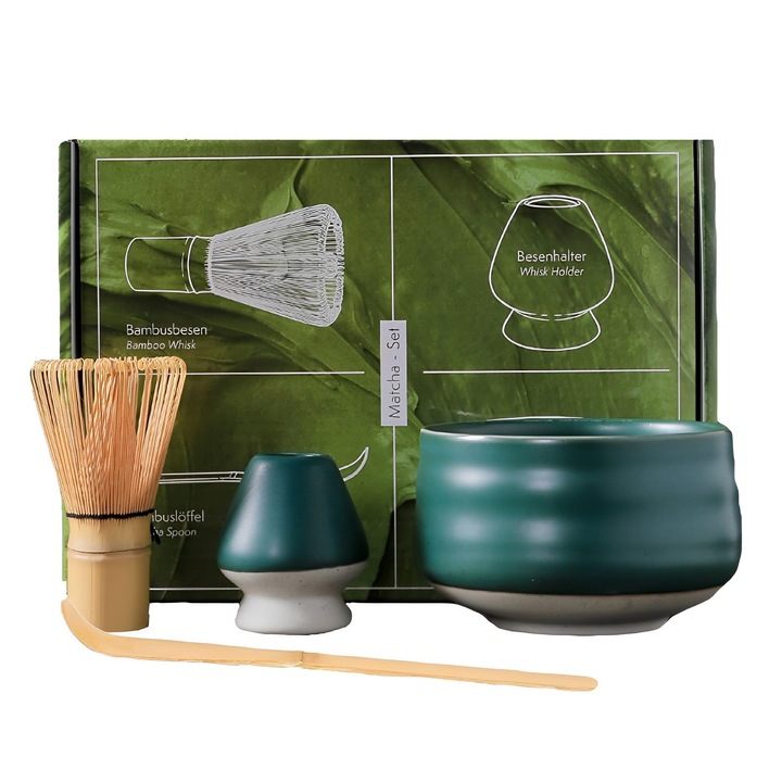 Сервиз за чай Matcha, WALALLA, Неръждаема стомана/Бамбук, 4 части, Кафяв/Зелен
