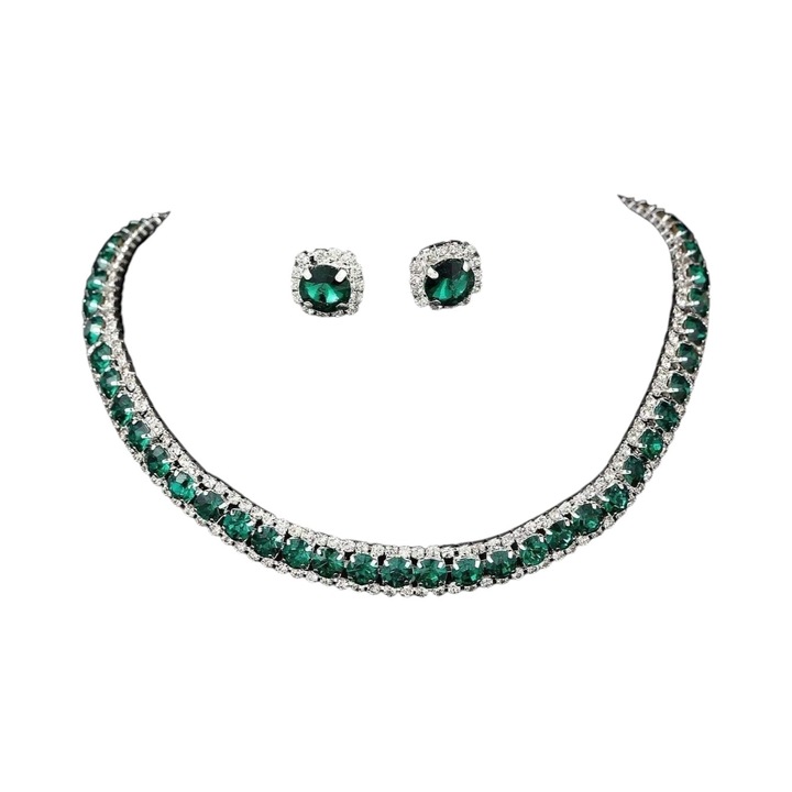 Set colier choker si cercei, argintiu, cu pietre verzi din zirconiu, Nicklas C1
