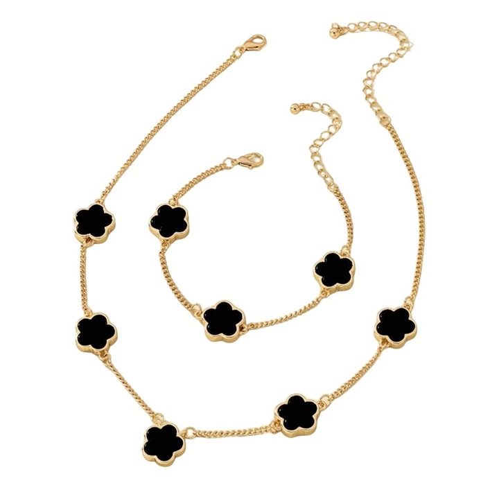 Set colier, cercei si bratara, auriu, cu pandantive flori negre, Nickie C15