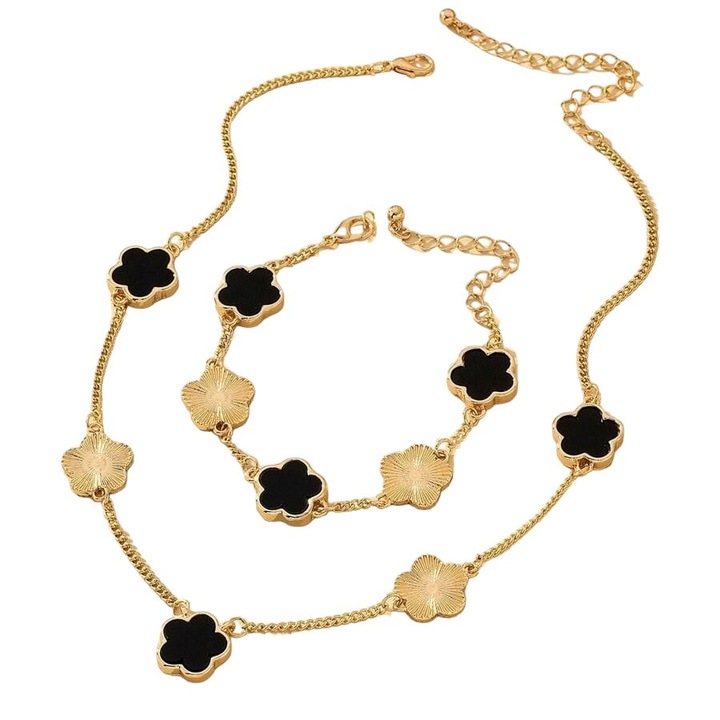 Set colier si bratara, auriu, cu pandantive flori negre, Nichlas C1