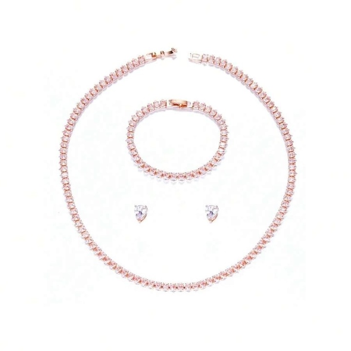 Set colier, cercei si bratara, tennis, rose-gold, cu pietre din zirconiu, Nicha C1
